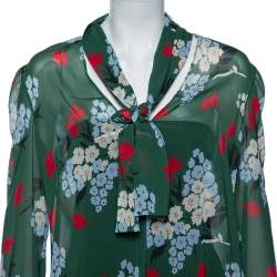 Pre Owned RED Valentino Green Floral Print Silk Tie-Neck Detail Blouse L