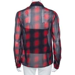 Pre Owned RED Valentino Navy Blue Plaid Print Silk Tie-Neck Detail Blouse M