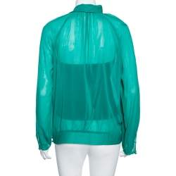 Pre Owned RED Valentino Teal Silk Topstitch Pleated Shoulder Detail Blouse M