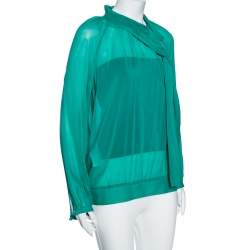 Pre Owned RED Valentino Teal Silk Topstitch Pleated Shoulder Detail Blouse M