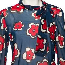 Pre Owned RED Valentino Navy Blue Floral Printed Silk Buttoned Shoulder Detail Blouse L