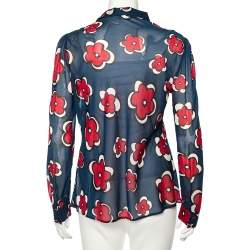 Pre Owned RED Valentino Navy Blue Floral Printed Silk Buttoned Shoulder Detail Blouse L