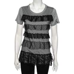 Red Valentino Grey Ruffled Lace and Jersey Short Sleeve T Shirt M