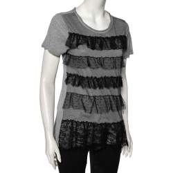 Red Valentino Grey Ruffled Lace and Jersey Short Sleeve T Shirt M