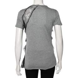 Red Valentino Grey Ruffled Lace and Jersey Short Sleeve T Shirt M
