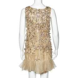 Pre Owned Red Valentino Beige Sequined Embellished Tulle Sleeveless Shift Dress M