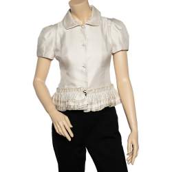 RED Valentino Cream Textured Ruffled Hem Collared Jacket M