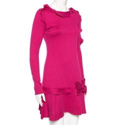Pre Owned RED Valentino Pink Stretch Knit Ruffle Trimmed Bow Detailed Short Dress M