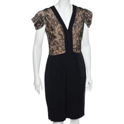 RED Valentino Black Lace & Crepe Paneled Midi Dress L