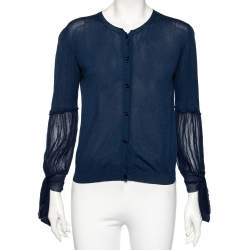 Red Valentino Navy Blue Knit & Chiffon Inset Detailed Long Sleeve Cardigan L