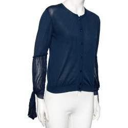 Red Valentino Navy Blue Knit & Chiffon Inset Detailed Long Sleeve Cardigan L