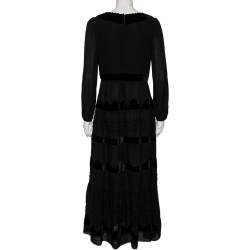 Pre Owned RED Valentino Black Thick Silk & Velvet Inset Detailed Maxi Dress M