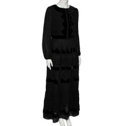 Pre Owned RED Valentino Black Thick Silk & Velvet Inset Detailed Maxi Dress M