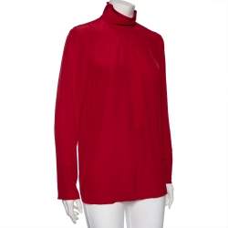 Pre Owned RED Valentino Red Silk Gathered Detail Long Sleeve Blouse M