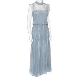 Pre Owned RED Valentino Pale Blue Ruched Tulle Sleeveless Maxi Dress L