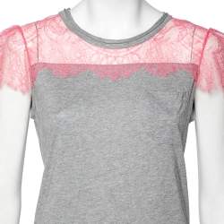 Pre Owned RED Valentino Grey Cotton & Lace Trimmed Pocket Detailed Top M