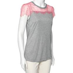 Pre Owned RED Valentino Grey Cotton & Lace Trimmed Pocket Detailed Top M