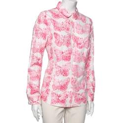 Pre Owned RED Valentino White and Pink Butterfly Print Long Sleeve Shirt L