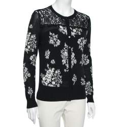 RED Valentino Black Jacquard Knit Lace Trim Button Front Cardigan L