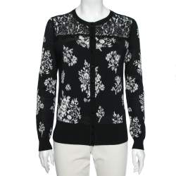 RED Valentino Black Jacquard Knit Lace Trim Button Front Cardigan L