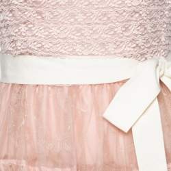 Pre Owned RED Valentino Pink Synthetic Lace Paneled Tiered Tulle Skirt Dress M