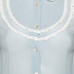 Pre Owned RED Valentino Blue Silk Ruffle Trim and Pleated Front Long Sleeve Blouse S