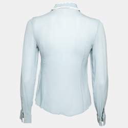 Pre Owned RED Valentino Blue Silk Ruffle Trim and Pleated Front Long Sleeve Blouse S