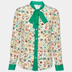 Pre Owned RED Valentino Cream and Green Printed Crepe Bow Tie Neck Button Front Blouse S