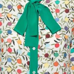 Pre Owned RED Valentino Cream and Green Printed Crepe Bow Tie Neck Button Front Blouse S