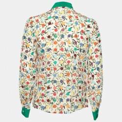 Pre Owned RED Valentino Cream and Green Printed Crepe Bow Tie Neck Button Front Blouse S