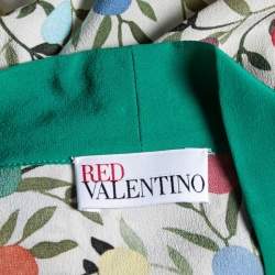 Pre Owned RED Valentino Cream and Green Printed Crepe Bow Tie Neck Button Front Blouse S