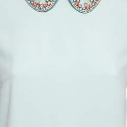 Pre Owned RED Valentino Blue Crepe Embellished Collar Detail Short Sleeve Dress S