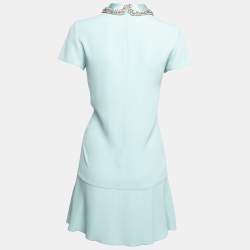 Pre Owned RED Valentino Blue Crepe Embellished Collar Detail Short Sleeve Dress S
