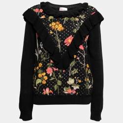 Pre Owned RED Valentino Black Floral Embroidered Cotton Knit Ruffle Trim Sweater L