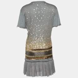 Pre Owned RED Valentino Grey Embellished Mesh Overlay Ruffle Bottom Dress M