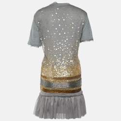 Pre Owned RED Valentino Grey Jersey & Sequin Embellished Tulle Overlay Dress M