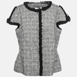 RED Valentino Black & Grey Tweed Ruffle Trim Cap-Sleeve Jacket L