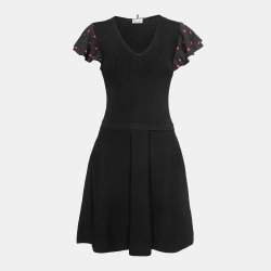 Pre Owned RED Valentino Black Knit Ruffled Sleeves Midi Dress L