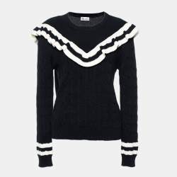 Red Valentino Black Cable Knit Optical Ruffle Jumper L