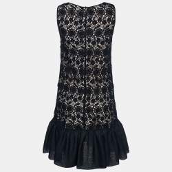 Pre Owned RED Valentino Black Floral Lace Ruffle Hem Sleeveless Shift Dress M