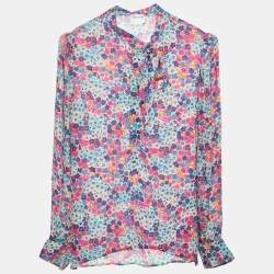 Pre Owned RED Valentino Multicolor Floral Print Silk Tie Neck Blouse M