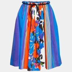 Red Valentino Blue Printed Cotton Paper Bag Waist Detail Midi Skirt M