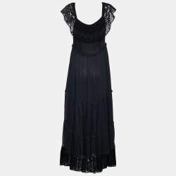 Pre Owned RED Valentino Black Chiffon & Lace Trim Off Shoulder Maxi Dress M