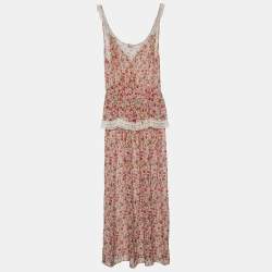 RED Valentino Beige Floral Printed Silk Lace Trim Detail Maxi Dress M