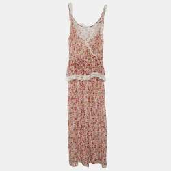 RED Valentino Beige Floral Printed Silk Lace Trim Detail Maxi Dress M