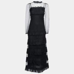 Pre Owned RED Valentino Black Mesh Tiered Full Sleeve Maxi Dress S