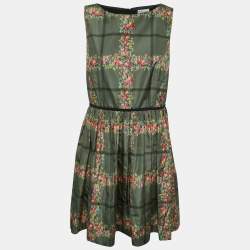 RED Valentino Green Floral Print Synthetic Sleeveless Gathered Short Dress M