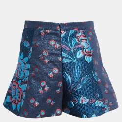 Pre Owned RED Valentino Blue Floral Patterned Metallic Jacquard High Waist Shorts S