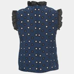 RED Valentino Navy Blue Floral Print Silk Ruffled Sleeveless Blouse S