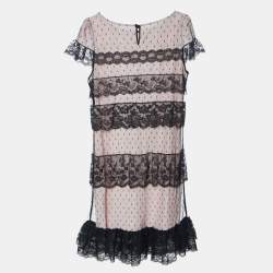 Pre Owned RED Valentino Black Tulle Lace & Pink Lined Mini Dress M
